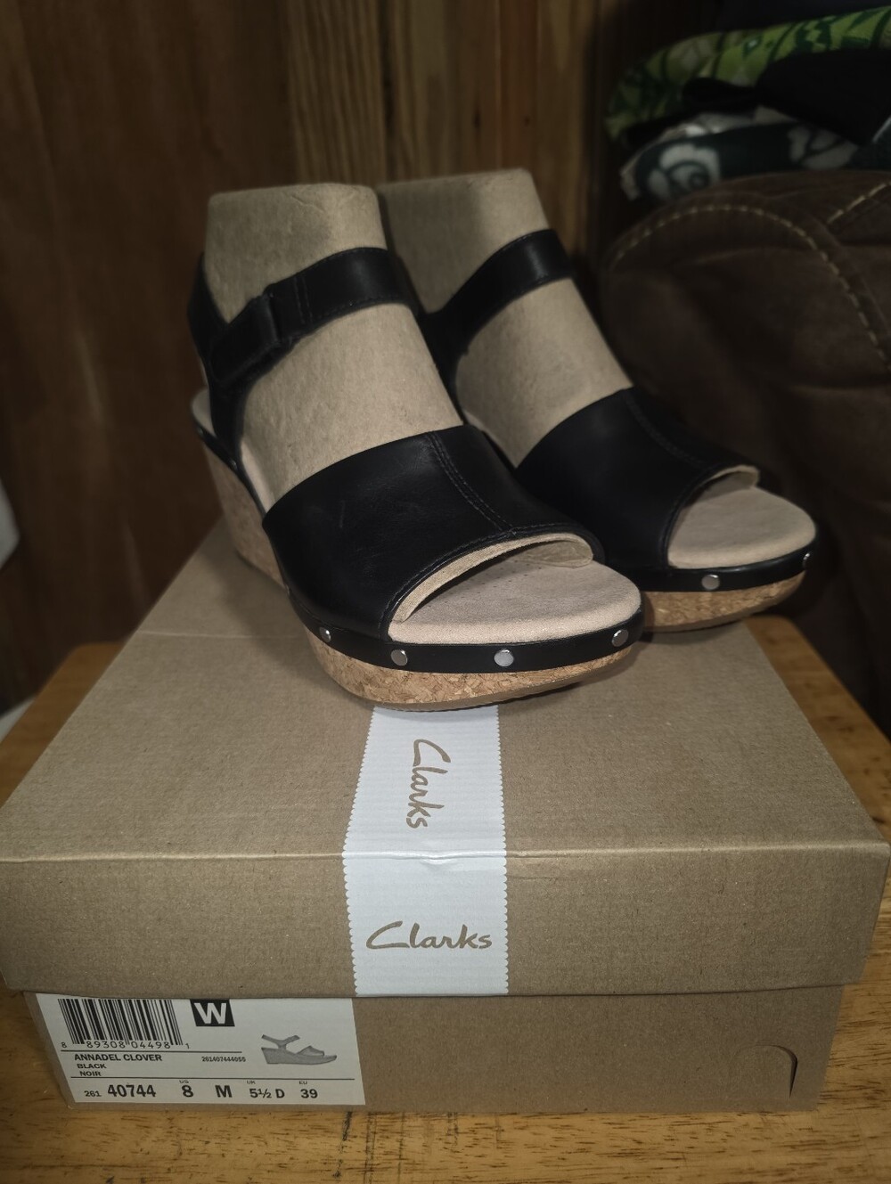 NEW CLARKS Annadel Clover Wedge Sandal Size 8 Black Leather Shoes Women